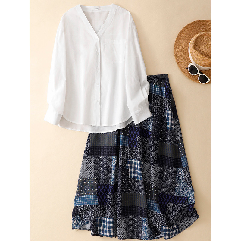 2026 primavera novo estilo feminino Retro impresso algodão linho conjunto de duas peças protetor solar camisa saia liter