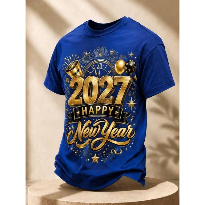 Camiseta Manga Curta Estampada 2027 Happy New Year Confortável Linda Moderna Estilosa Casual Tendência para Uso no Verão