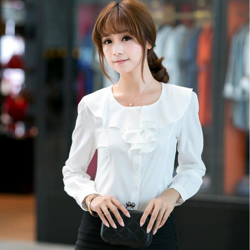 2022 novo estilo primavera outono camisa feminina coreana OL manga comprida Chiffon camisa branca babados camisa de mang