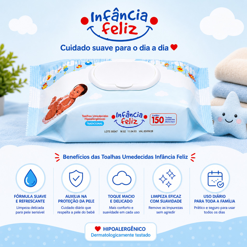 Kit 5 Pacotes de Toalhas Umedecidas Infância Feliz 150 folhas 98% Água - Vegana Lenço Umedecido — imagem 2 de 2