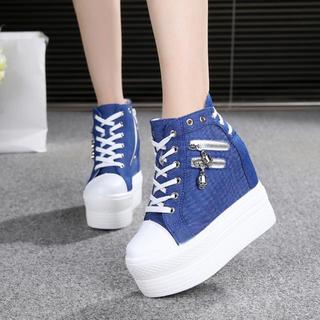 Plataforma sapatos femininos 12CM outono novo estilo aumento interno esportes cunha salto sapatos de lona versão coreana