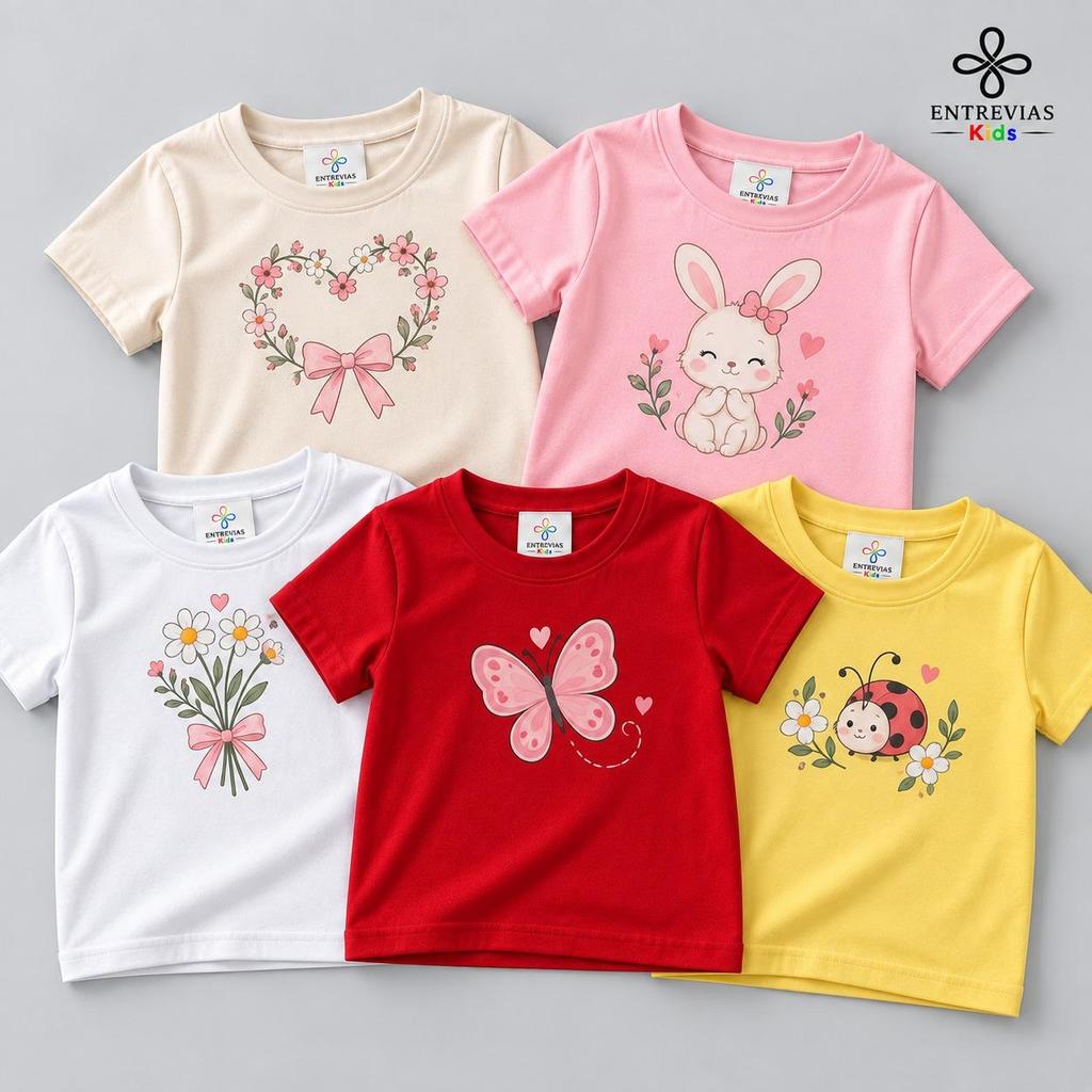 Kit Camiseta Infantil Menina 100% Algodão Estampada Sortida Delicada Manga Curta