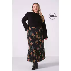 Saia Feminina Midi Babado Floral Marialícia Preto