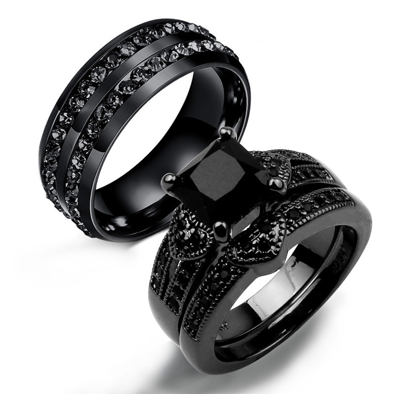 Anel de casal anel de casal Popular fileira dupla anel de diamante preto anel de casal cheio de ouro preto