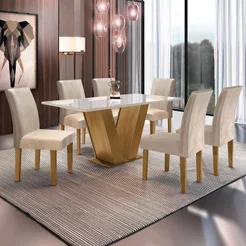 Conjunto Sala de Jantar Mesa Tampo de Vidro 6 Cadeiras Espanha Yescasa Ypê/Off White/Tecido Pena