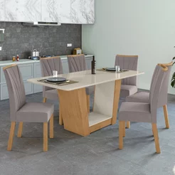 Conjunto Sala de Jantar 6 Lugares Retangular Tampo MDF Mesa e Cadeiras Apogeu Marrom Amêndoa Clean/Off White/ Capuccino