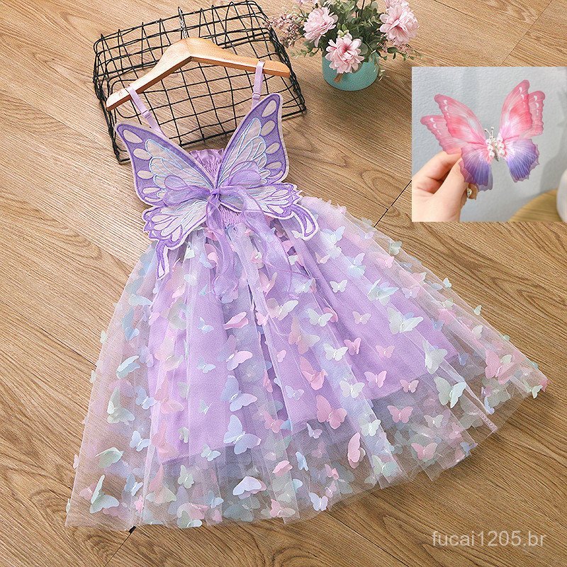 Vestido de Borboleta para Meninas Vestidos de Princesa Rosa Moda de Verão e Fotografia de Festa de Aniversário Doce X8FV