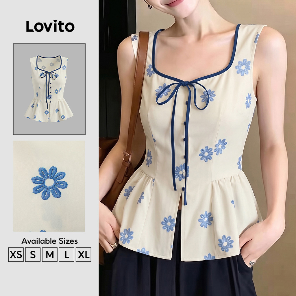 Lovito Top Casual Feminino com Botões Frontais Estampa em Blocos de Cores primavera/verão TKK9P1D912