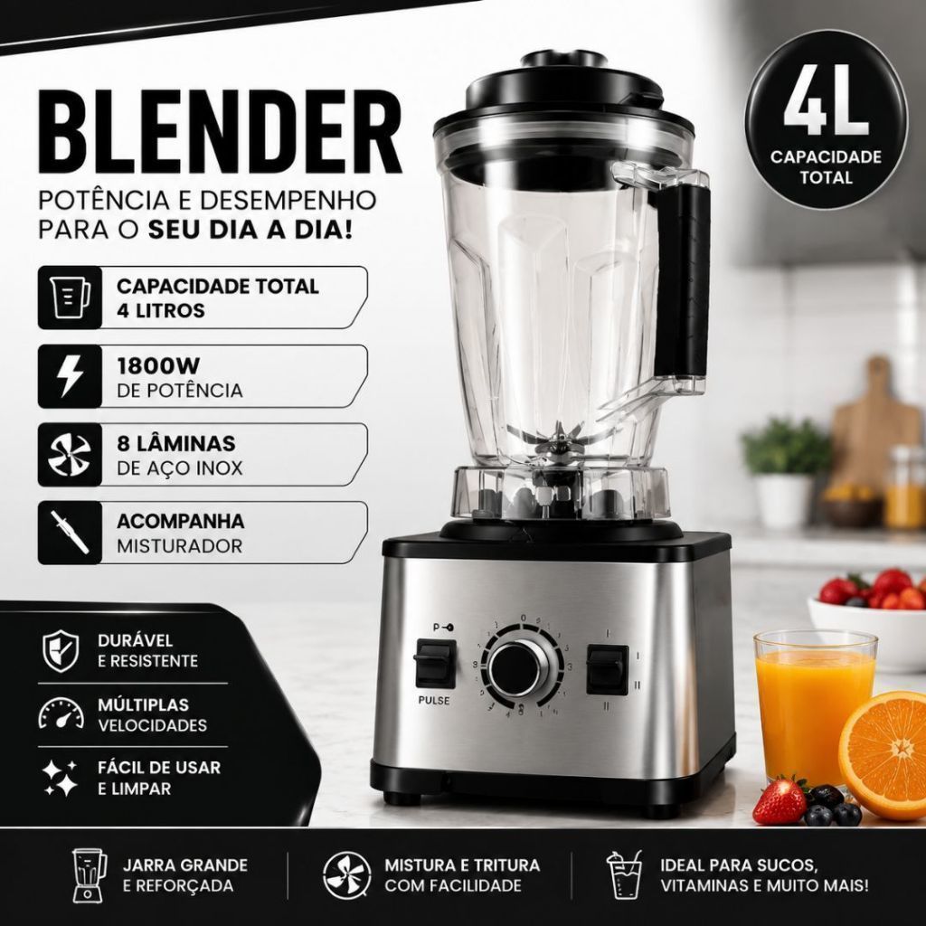 Liquidificador Industrial 1800W 4L/3L Alta Potencia Copo Resistente Base Inox Bivolt 110V/220V — imagem 2 de 2