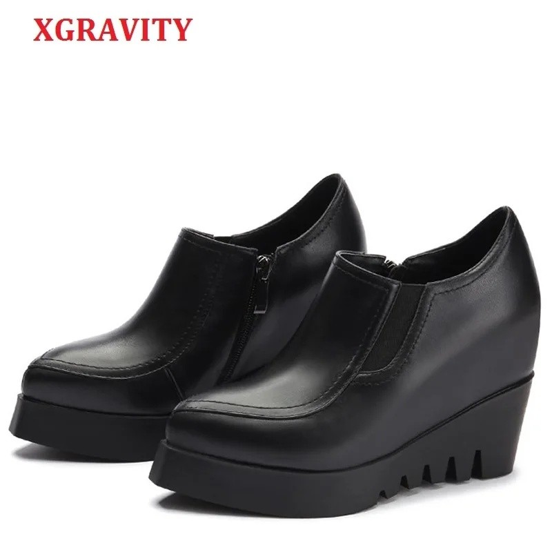 XGRAVITY 2027 Sapatos de Salto Alto Femininos de Couro Genuíno com Design de Cunha e Bico Fino, Sapatos de Plataforma pa