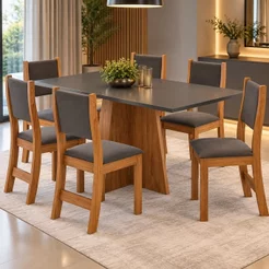 Mesa de Jantar Retangular Jacarta com 6 Cadeiras Sol Cinza/Mel/Grafite Mel/Cinza/Grafite