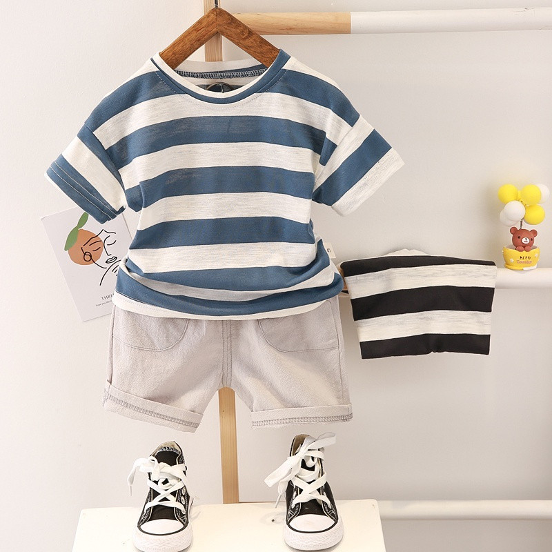 Conjunto de roupa casual de verão para crianças, composto por camiseta listrada e shorts, modelo unissex, conjunto de du
