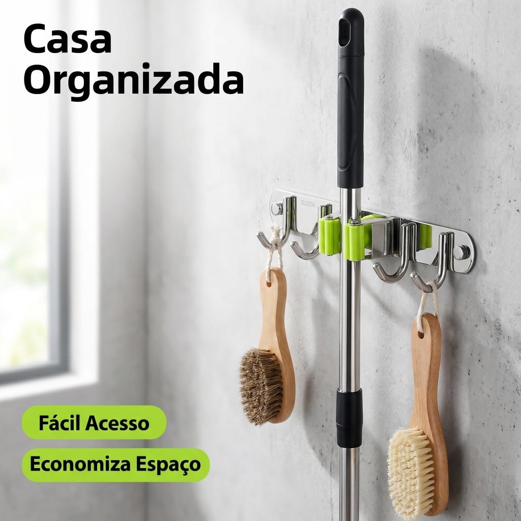 Suporte de Vassoura Mop Inox 304 com Ganchos Resistente