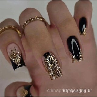 24 unhas postiças decorativas realistas, curtas e de comprimento médio, formato quadrado com ponta afilada, com cola e s