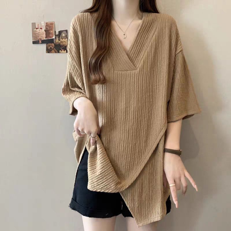 Tamanho grande com decote em V cruz Irregular manga curta camiseta feminina verão novo estilo gordura mm solto mais magr