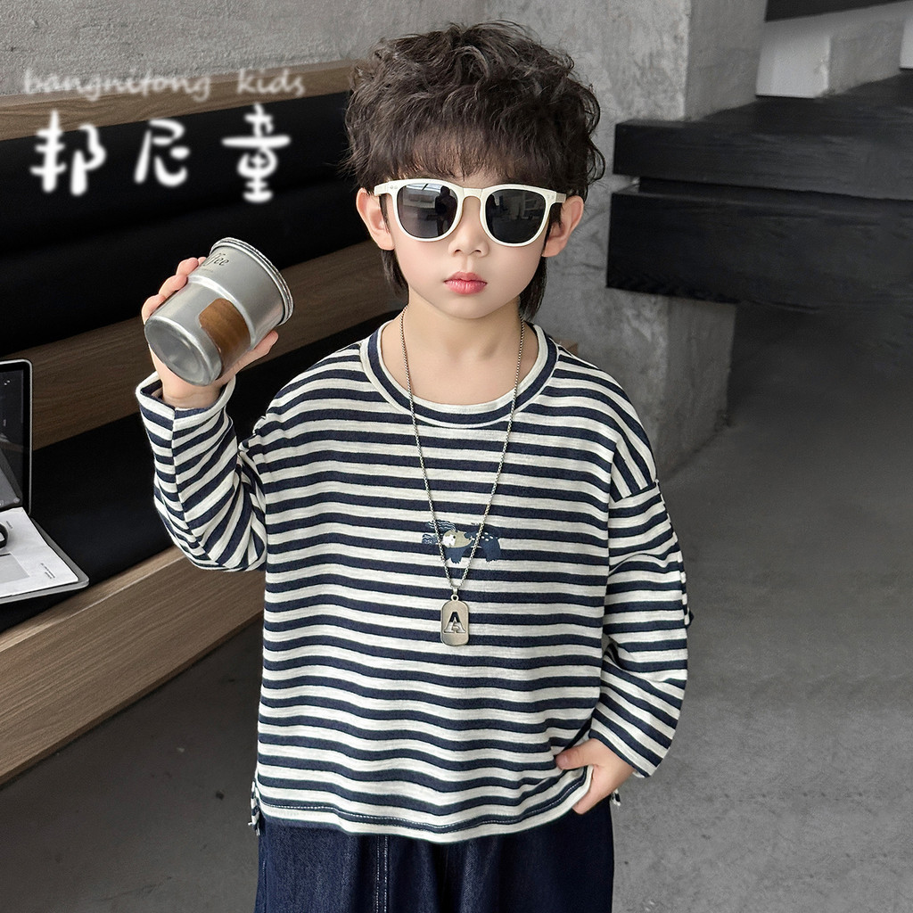 Meninos listrado camiseta 2026 novo estilo primavera outono roupas crianças de manga comprida em torno do pescoço Casual