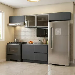 Cozinha Completa Modulada 5 Peças com Nicho para Micro-Ondas e Balcão para Pia sem Tampo Etna Grafite/Preto Grafite