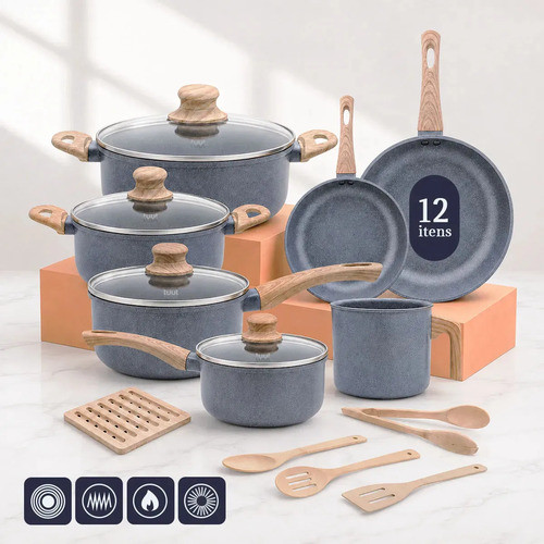Jogo De Panelas 15 Peças Antiaderente Cerâmica Pfoa Free 3 Camadas Ecoglide Tuut + Itens De Bambu
