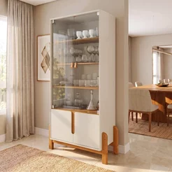 Cristaleira 4 Portas Vidro MDF Off White Cedro 83cm Lizz Bege Off White/Cedro