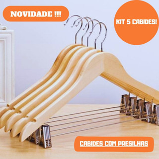 Kit 5 Cabides De Madeira Marfim Com Presilha em Oferta na Shopee