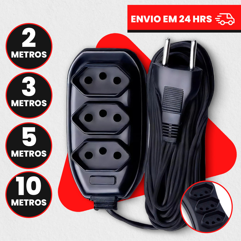 Extensão Elétrica 10 Metros - Bivolt 110/220 10A Tomada Tripolares Preta Resistente em Oferta na Shopee