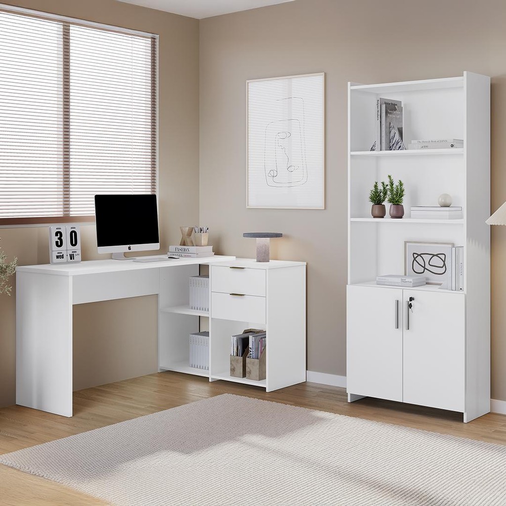 Conjunto Para Escritorio Com Mesa em L NT2060 e Armário Multiuso Notável Móveis