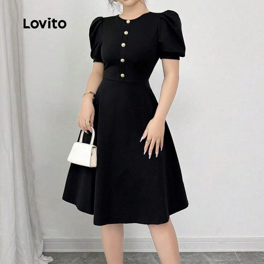 Detalhes do Vestido curto elegante com gola redonda e manga bufante com botão frontal-DRB152PBD075