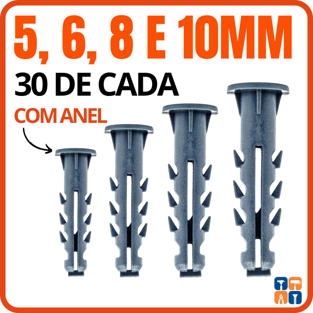 Kit Buchas 5 6 8 e 10mm com Anel Kit Bucha 5 6 8 10 com Aba para Fixação em Parede Concreto