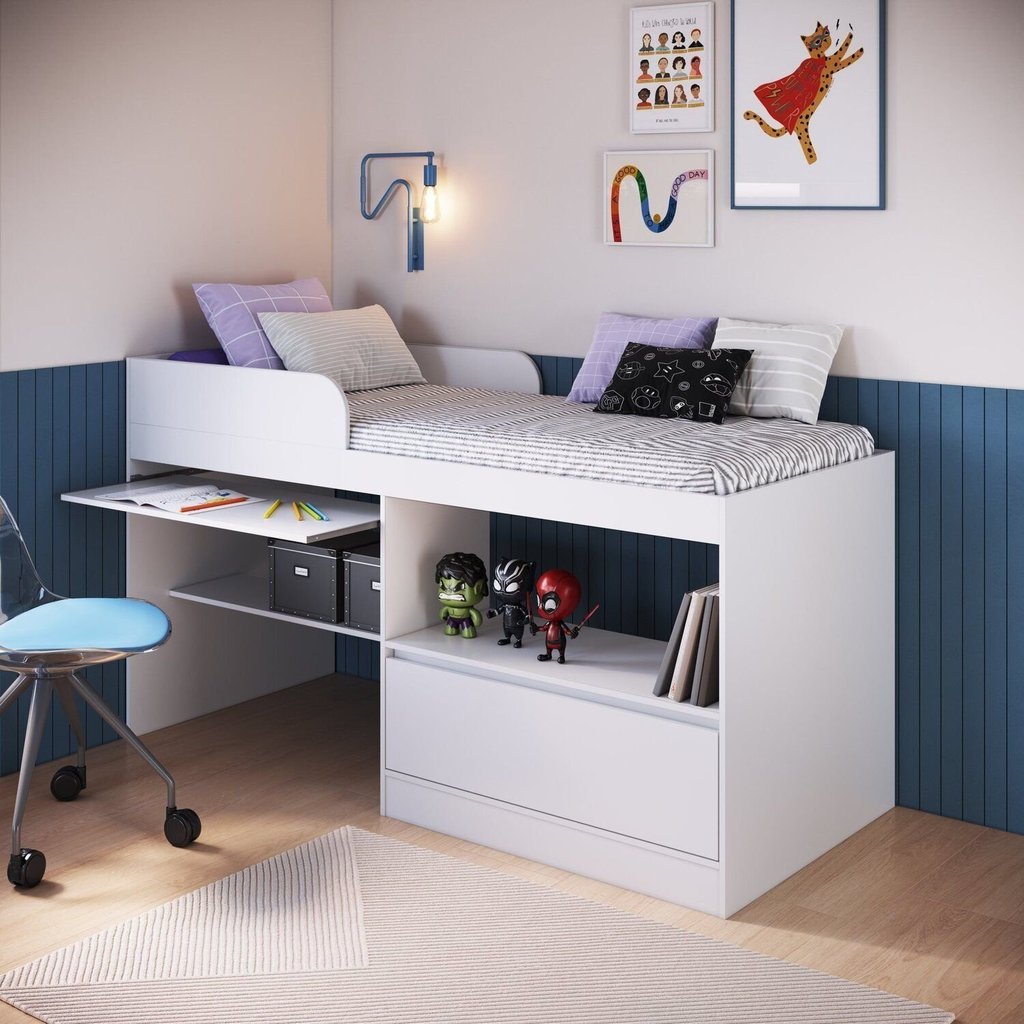 Cama Alta Multifuncional Solteiro Infantil/Juvenil com Estação De Trabalho 80 Jacarta Branco em Oferta na Shopee