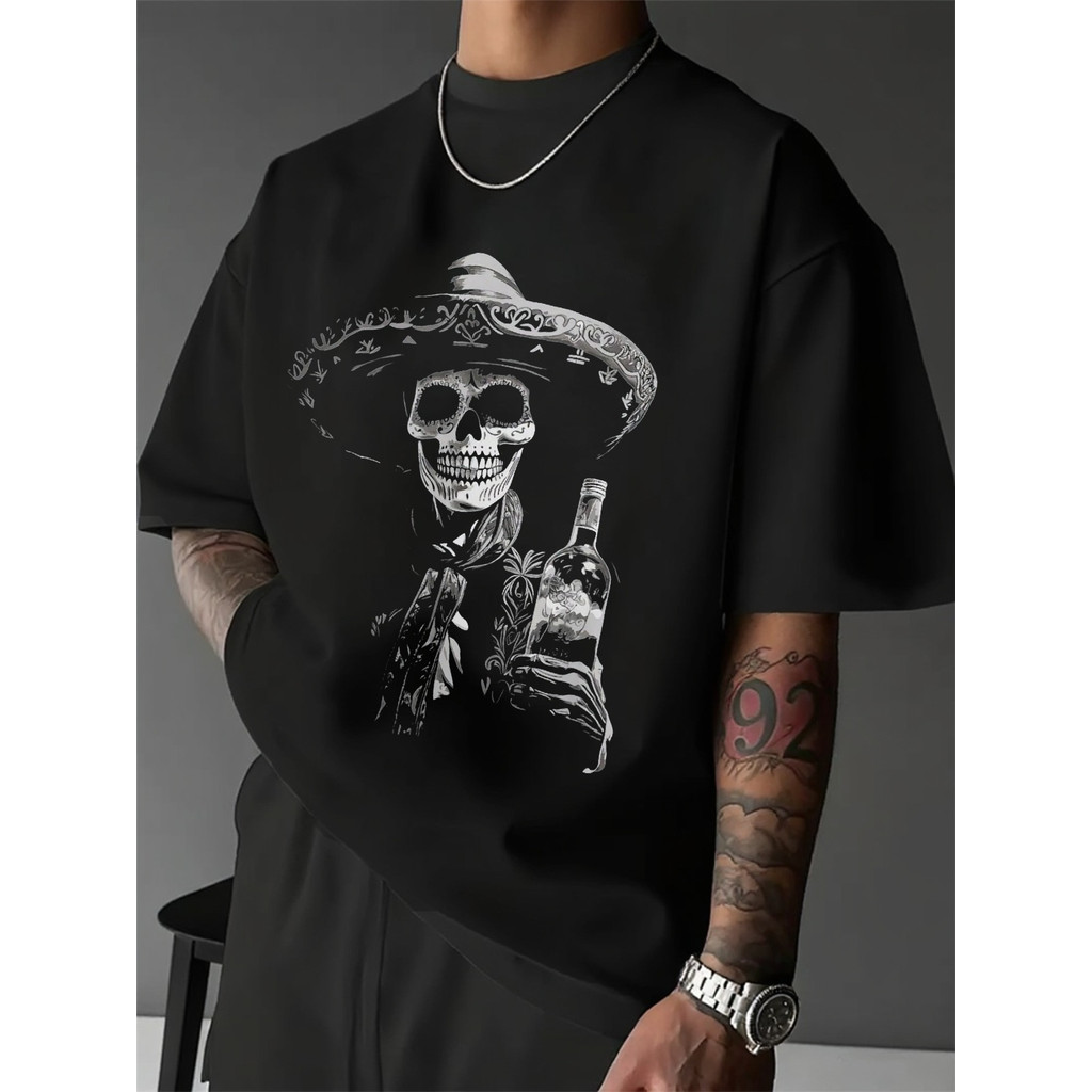 Camiseta Masculina Preta Caveira Mexicana com Sombrero e Tequila Básica Oversized 100% Algodão
