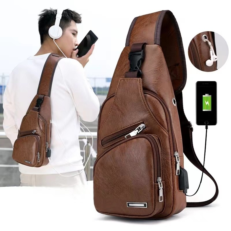 Bolsa Crazy casual De Couro Para Homens Com Porta USB Orelha Fone