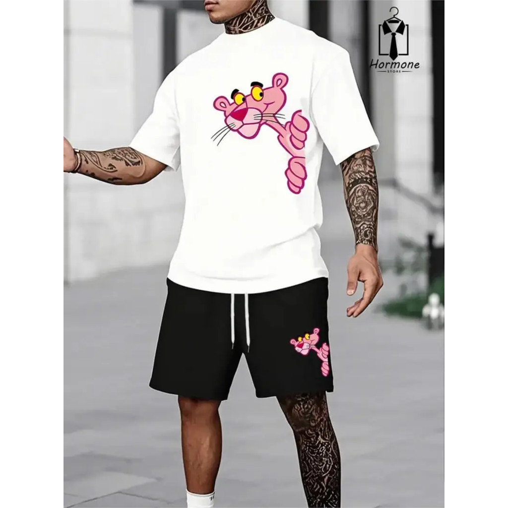 Conjunto Pantera Cor de Rosa Streetwear Camiseta oversized 100% Algodão + Shorts Mauricinho Tactel