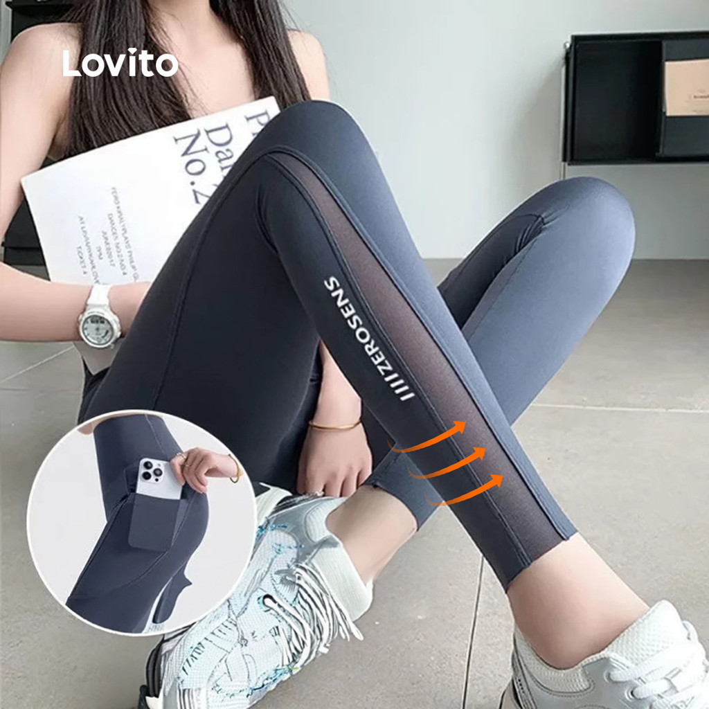 Detalhes do Lovito Leggings Esportivos Eleva Bumbum Controle Abdominal Modelador Primavera/Verão Para Mulheres LNE116X054