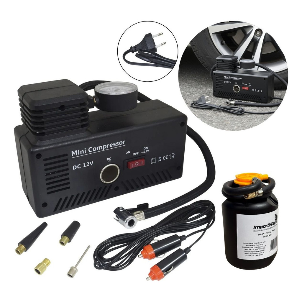 Mini Compressor De Ar Elétrico 2x1 300PSI 30L/Min Com Selante Portátil Automotivo Para Carro E Moto
