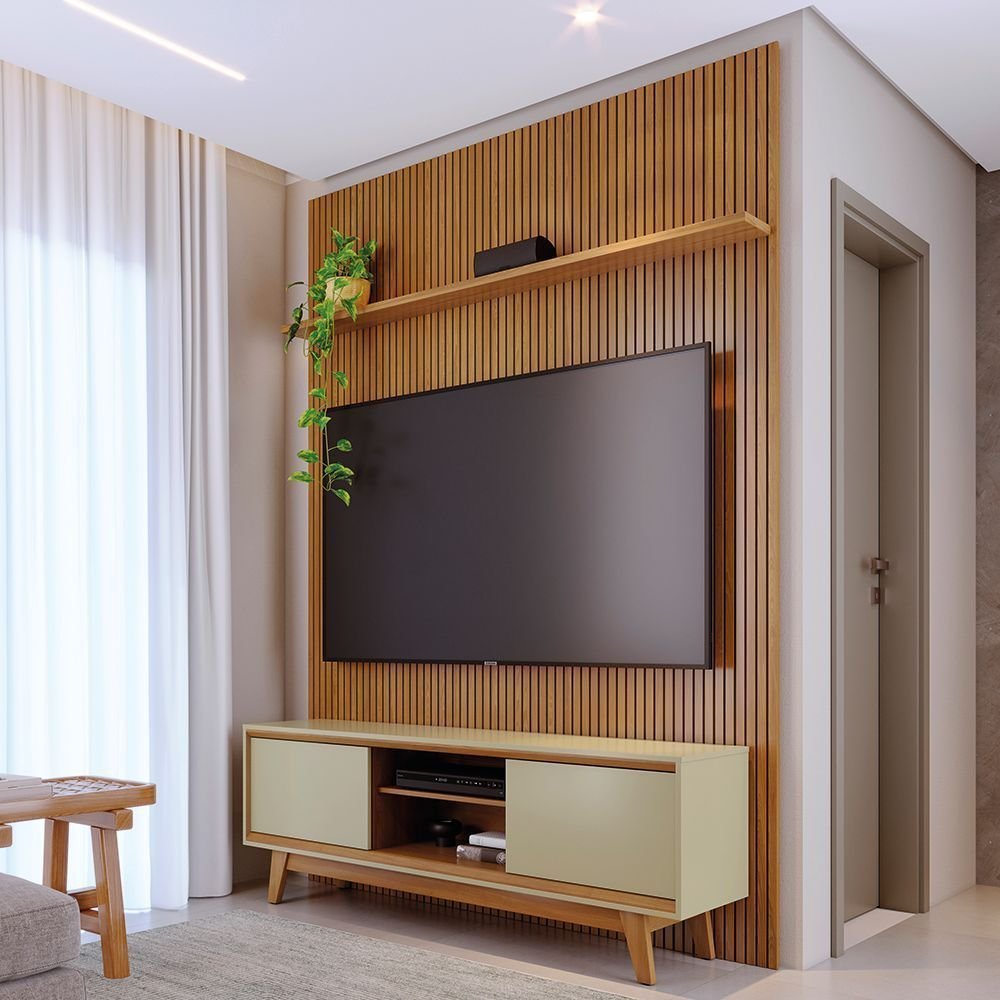 Rack com Painel Ripado para TV até 65 Polegadas MDF 179CMX244CM Frisado Milo Marrom e Bege Cumaru/Opala