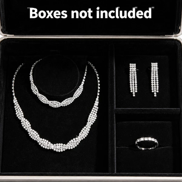 Conjunto de Joias Feminino Prata Strass 4 Peças Colar Brinco Pulseira Anel Luxo para Festa Casamento Noiva Madrinha