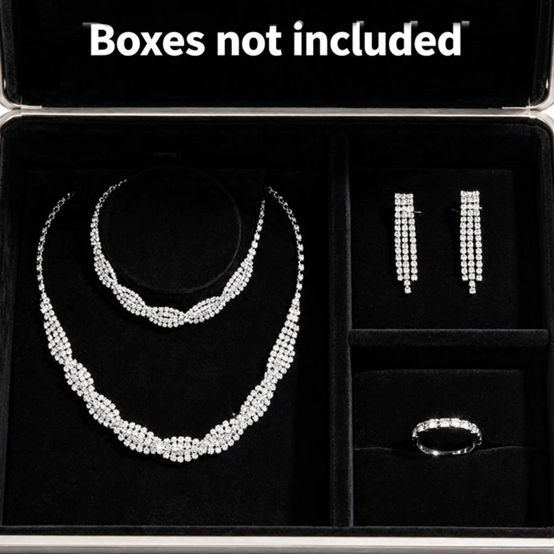 Conjunto de Joias Feminino Prata Strass 4 Peças Colar Brinco Pulseira Anel Luxo para Festa Casamento Noiva Madrinha