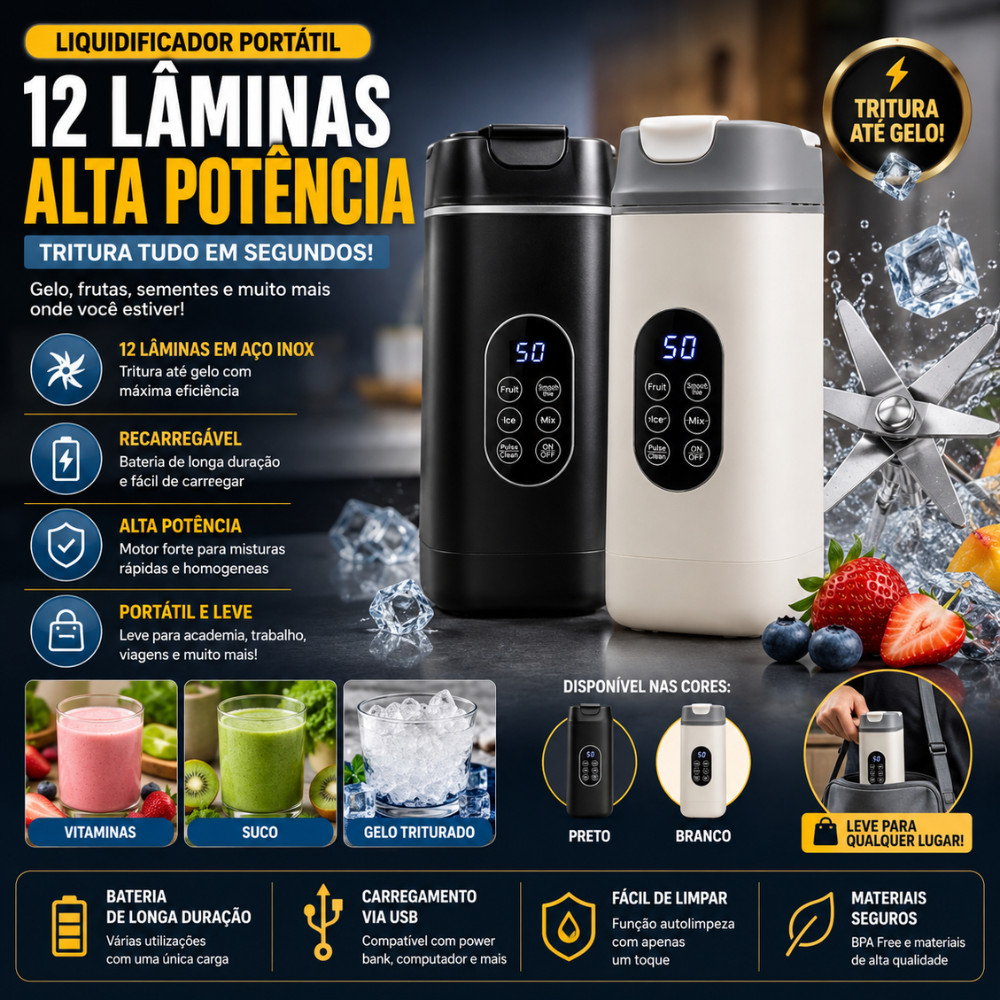 Liquidificador Portátil 12 Lâminas USB Tritura Gelo Recarregável Alta Potência 500ml