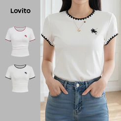 Lovito Casual Camiseta Feminina Primavera/verão com Borda de Contraste LK4ED1643