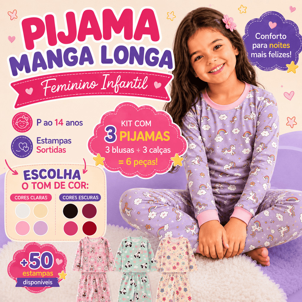 Kit 03 Pijamas Infantil Menina Criança Inverno Manga Longa Comprida Calça Blusa 6 Peças Estampas Sortidas Roupa Dormir