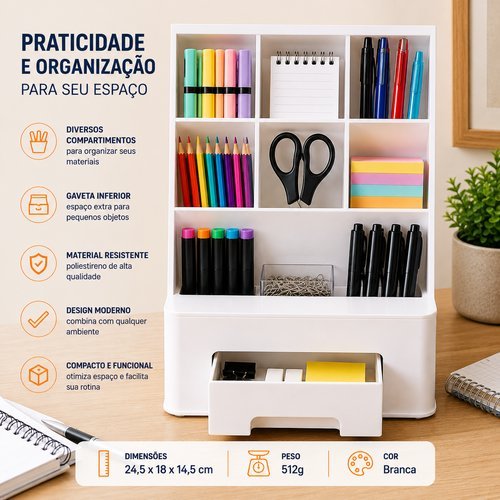 Organizador Multiuso Mesa Branco Pratico Compacto Ideal Escritorio Estudo Banheiro Organizacao Versatil