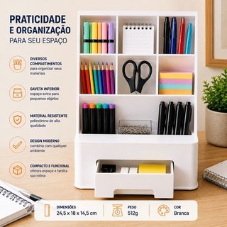 Organizador Multiuso Mesa Branco Pratico Compacto Ideal Escritorio Estudo Banheiro Organizacao Versatil
