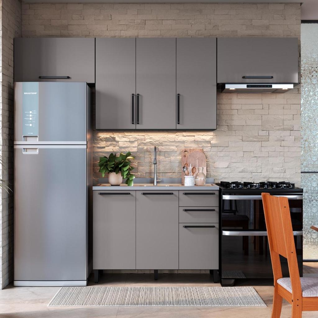 Armário de Cozinha Modulada Completa Fidelitá Mônaco 4 Peças 280cm 7 Portas 3 Gavetas Sem Tampo Chumbo/Titânio