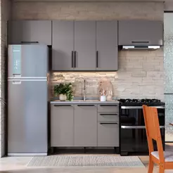Armário de Cozinha Modulada Completa Fidelitá Mônaco 4 Peças 280cm 7 Portas 3 Gavetas Sem Tampo Chumbo/Titânio