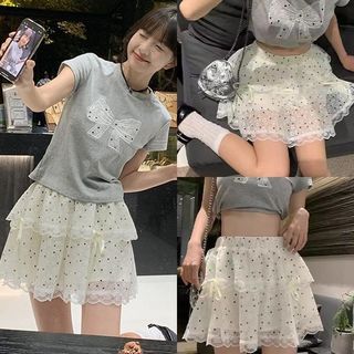 Grande sim pequeno sim branco bolinhas arco Design sentir renda cintura alta mais magro olhar gaze bolo saia feminina