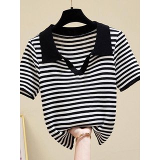 Verão gelo seda malha polo camisa de manga curta feminina 2025 novo estilo listrado camiseta chique estilo Hong Kong est