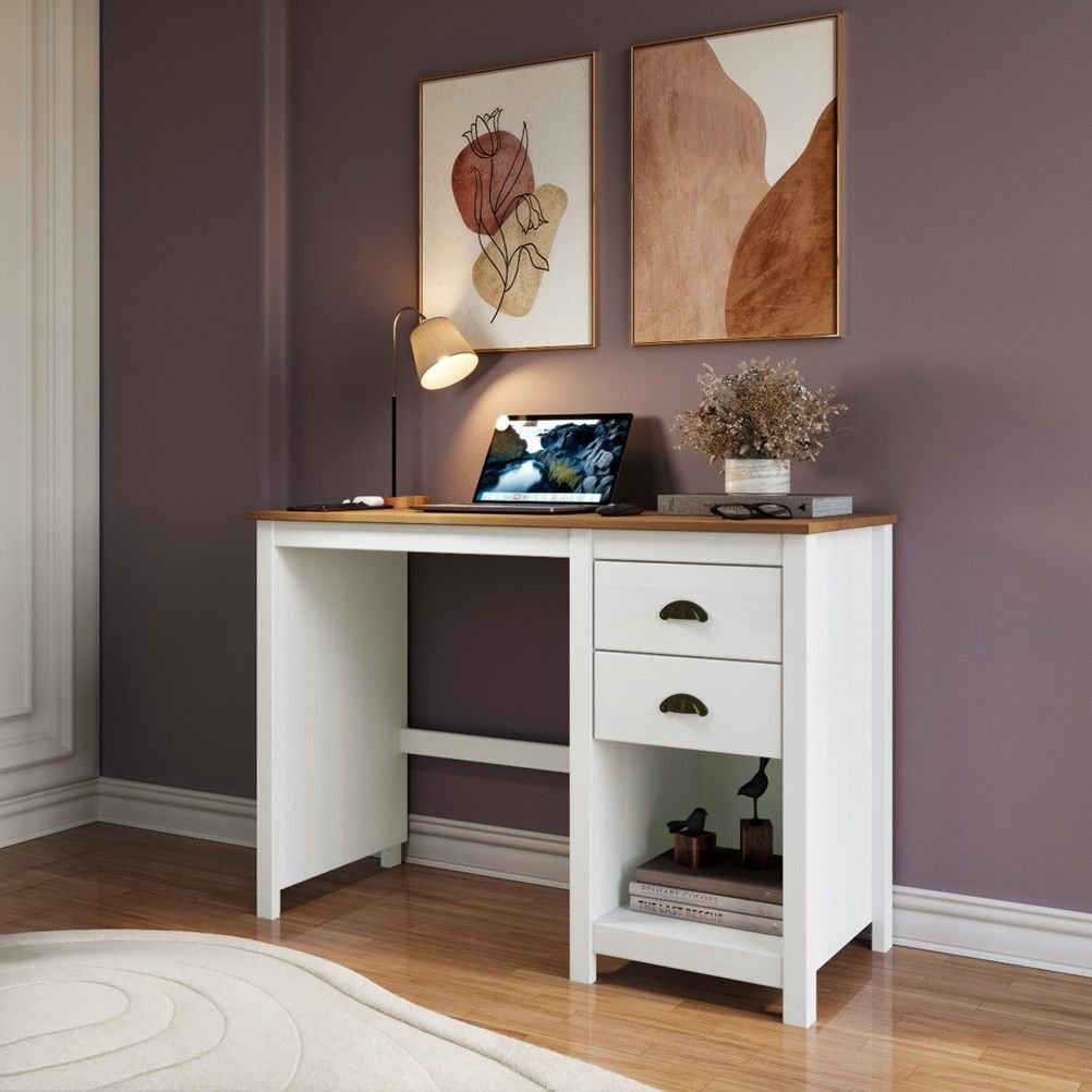 Mesa Escrivaninha 2 Gavetas Topázio Escritório 110cm em Madeira Maciça Branco/Freijó Branco/Freijó