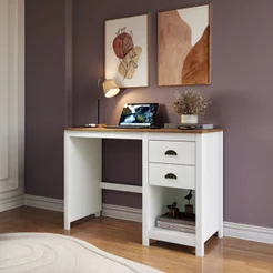 Mesa Escrivaninha 2 Gavetas Topázio Escritório 110cm em Madeira Maciça Branco/Freijó Branco/Freijó