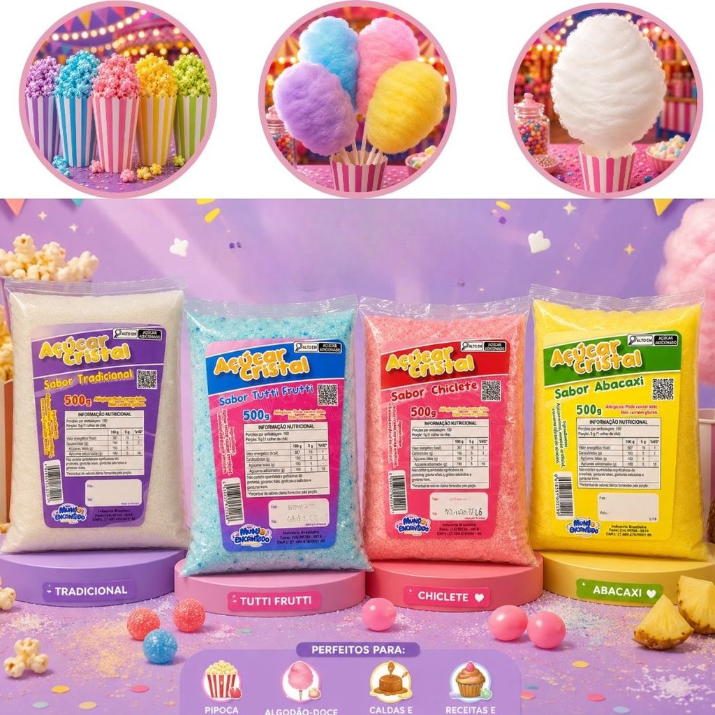 KIT 4 AÇÚCAR AROMATIZADO ALGODÃO-DOCE 500G TUTTI-FRUTTI,CHICLETE,ABACAXI E TRADICIONAL (MUNDO ENCANTADO) CHOCO