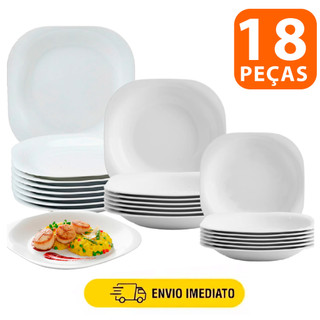 Kit Jogo de 18 Pratos Quadrados branco de Vidro Opaline Liso Sendo 6 Pratos Raso 6 Fundo 6 Sobremesa